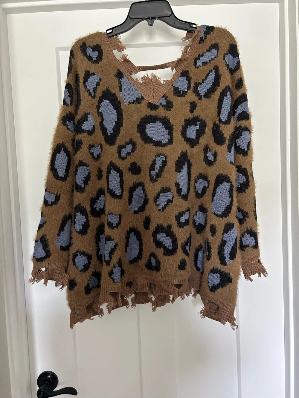 Distressed Leopard V-Neck Sweater in Brown & Blue